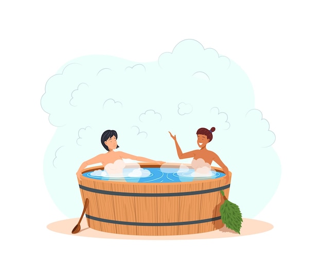 Two multiracial woman friends at wooden barrel bath relax heat spa