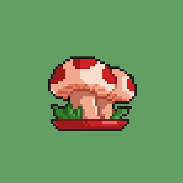 Due funghi in un piatto in stile pixel art