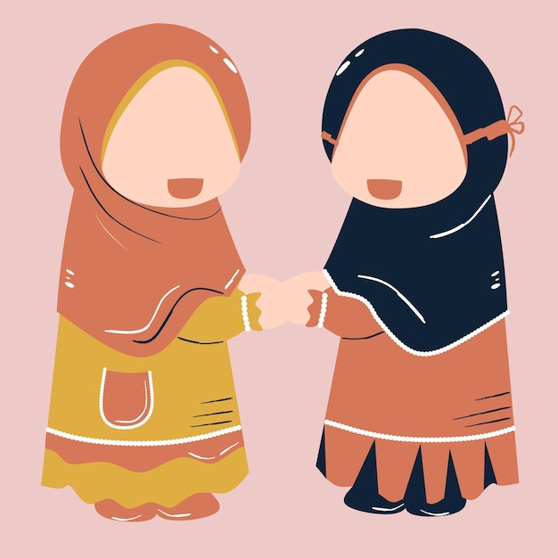 Vector two muslim girls are give greeting each other