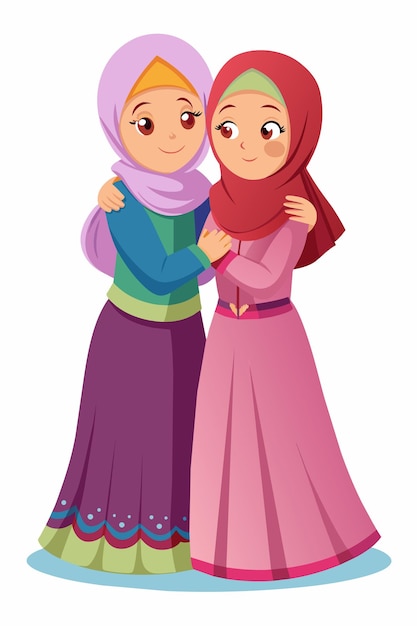 Vector two muslim princess girls kids hugging illustration eid special