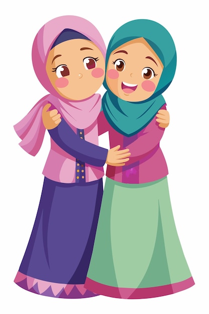 2人のイスラム教徒のプリンセス・ガールズ・キッズが抱きしめ合っているイラスト イード・スペシャル