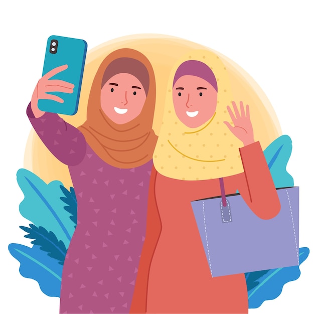 Vector two muslim women who is wearing colorful clothes were taking selfies together happily