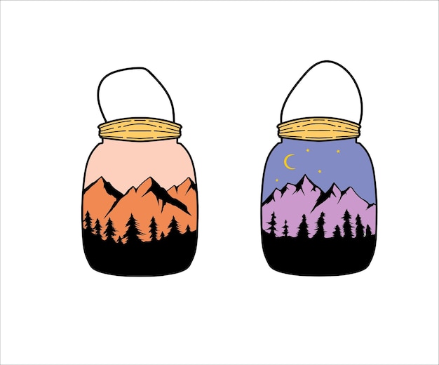 Two Object Mountain in Mason Jars Illustrations