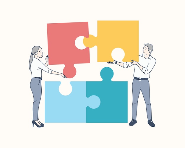 Vector two office persons working together on a project cooperation hand drawn style vector design illustration