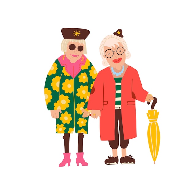 Premium Vector | Two old ladies wearing qute fashomable clothes cute funny elder female charactersin bright coats act... Premium Vector | Two old ladies wearing qute fashomable clothes cute funny elder female charactersin bright coats act...