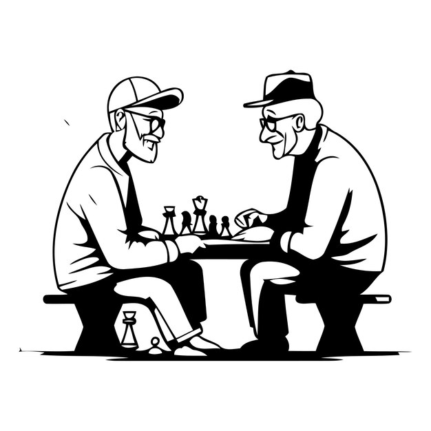 Two old men playing chess in the park Vector illustration in cartoon style