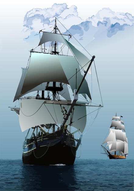 Two old sailing vessels 3d color vector hand drawn illustration