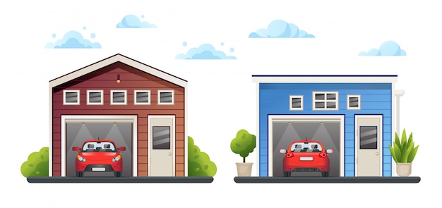 Vettore due garage differenti aperti con le automobili rosse dentro e le piante verdi vicino, cielo con le nuvole, illustrazione.