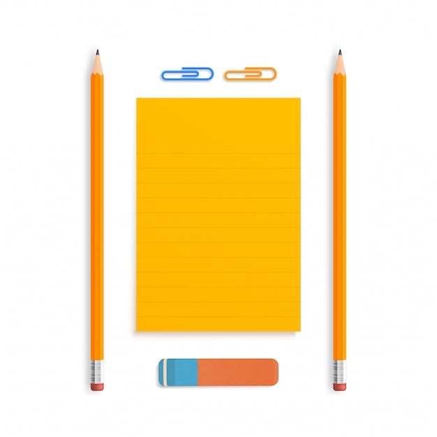 2つのオレンジ色の現実的な鉛筆はゴムと分離された罫線入り用紙ストライプのスタック上のクリップであります。