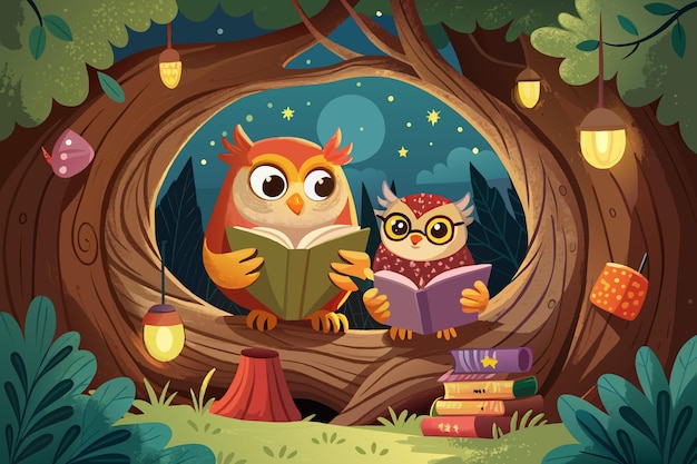 Вектор Две совы читают книги вместе в уютной полости дерева.