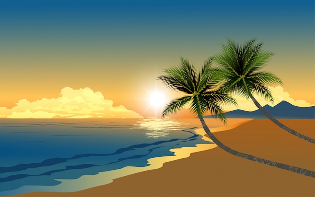 Vettore due palme in spiaggia al tramonto