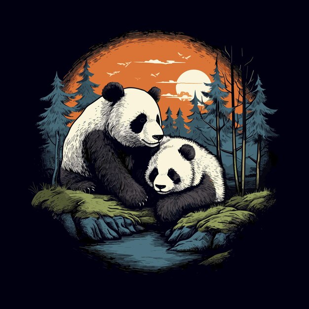 Vector two pandas hugging in a forest with the sun behind them