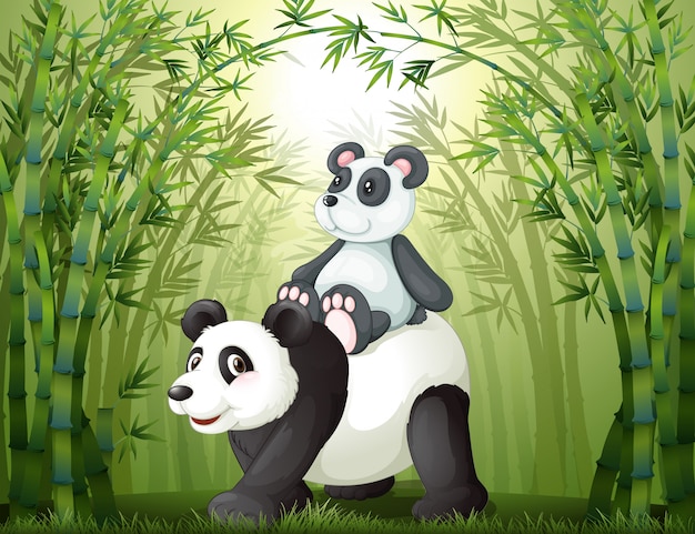 Vector two pandas inside the bamboo forest