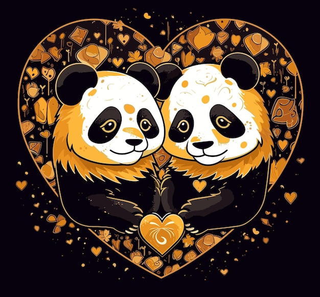 Two pandas with heart shaped letters and the word panda on the bottom