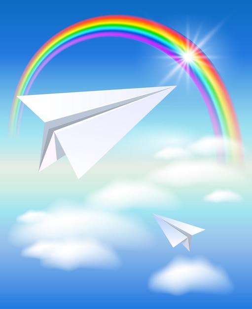 Two paper airplane flying to the rainbow