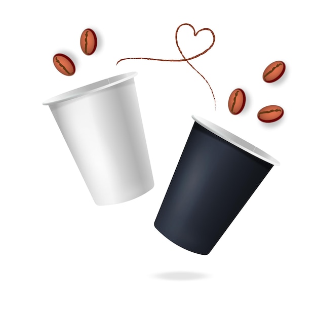 Two paper coffee cup with coffee beans and heart on white background 3d coffee cup mockup