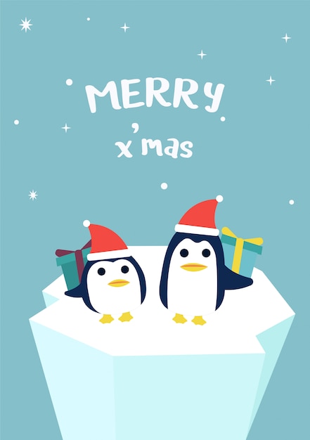 Vector two penguin wearing santa claus with gift box