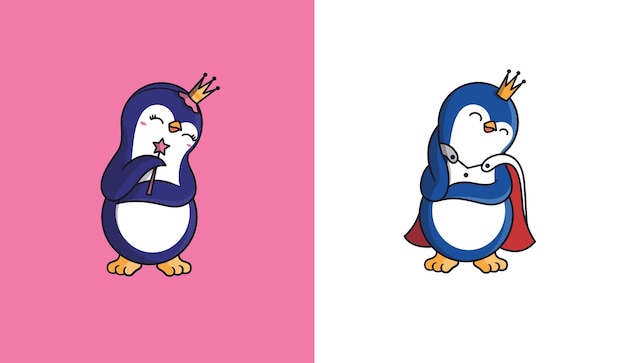 The two penguins are hugging themselves. Cartoonish baby-animals, a prince and a princess