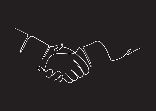 Two people agree and shake hands one contiguous line vector illustration on black background