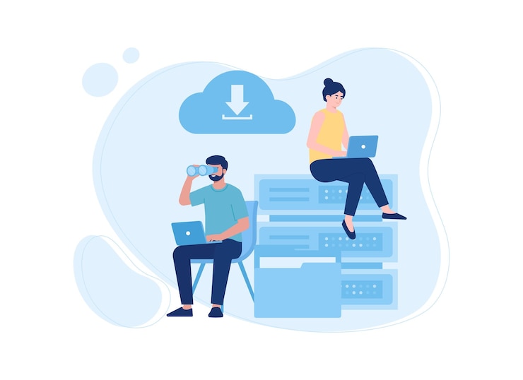 Vector two people are inputting data concept flat illustration