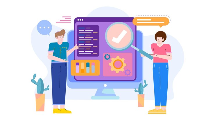 Vector two people are maintaining and updating office technology infrastructure
