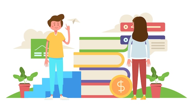 Vector two people are standing in front of huge diagram charts beside book stack background