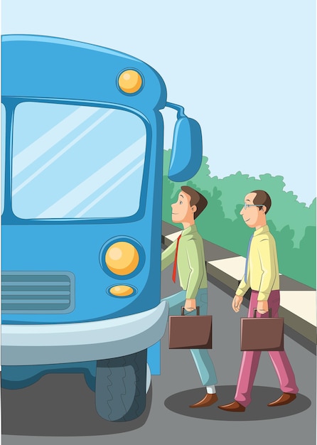 Вектор Два человека садятся в автобус с чемоданом в руке