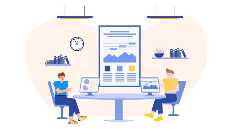 Vector two people in a business team are having a meeting discussing about business increase with graphs and charts in the office