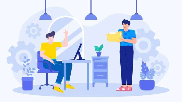 Two people in a business team are talking about business in a modern and creative coworking space