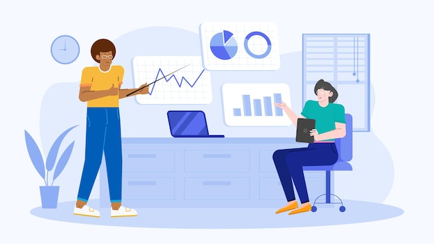 two people in business team doing presentation about business increase with graphs and charts in a modern and creative coworking space
