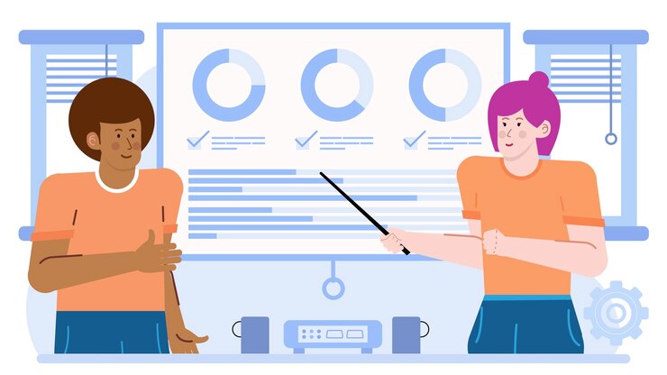 Vector two people in business team doing presentation about business increase with graphs and charts in the office