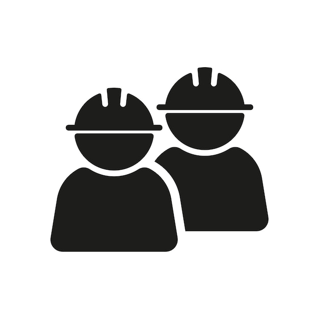 Two people in construction helmets line icons Hard work new building realtor apartment building a house Building concept Vector line icon on white background