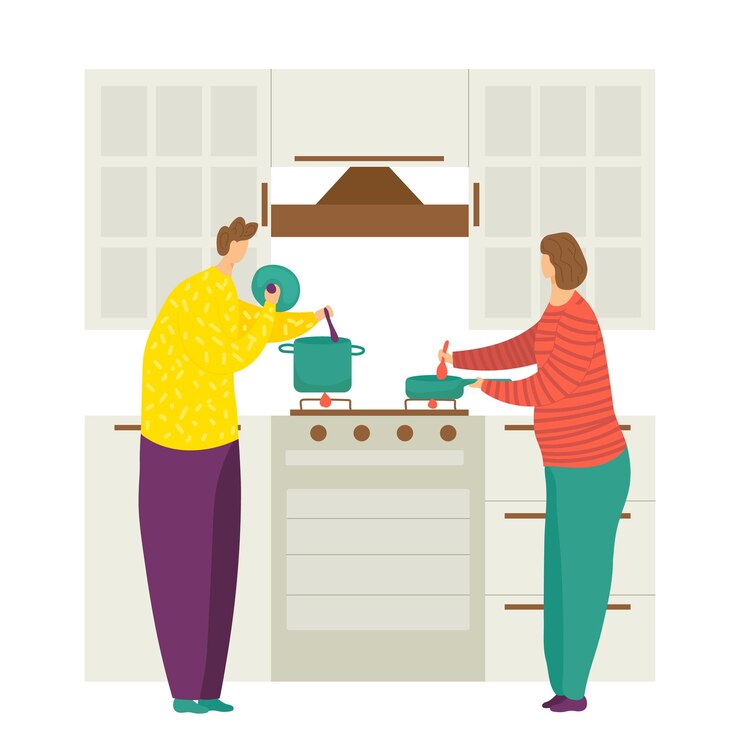 वेक्टर two people cooking in kitchen together one stirring a pot and another cutting vegetables home cooking and family time vector illustration