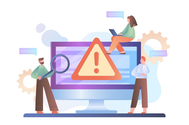 Vector two people examining a computer screen with a warning sign flat graphic style on a white background