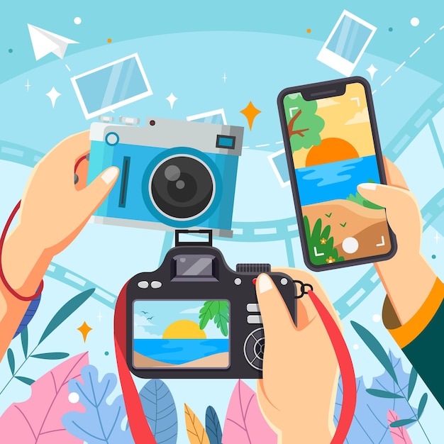two people holding up their phones with one being held up with a camera