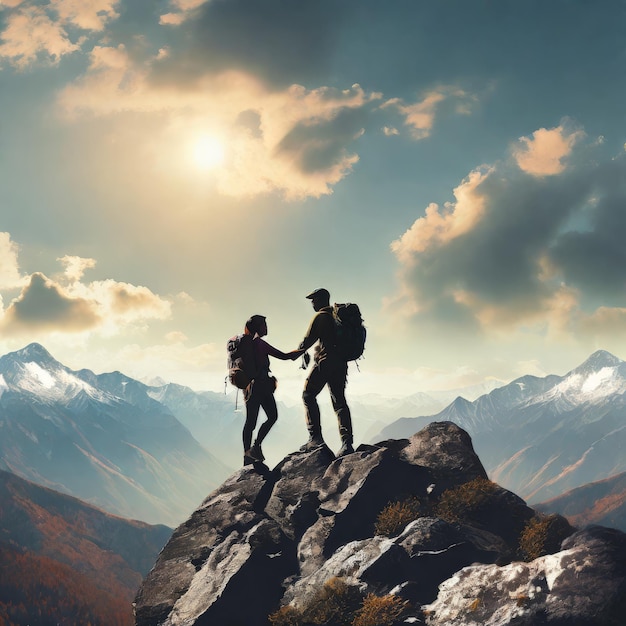 Two people on a mountain with mountains in the background