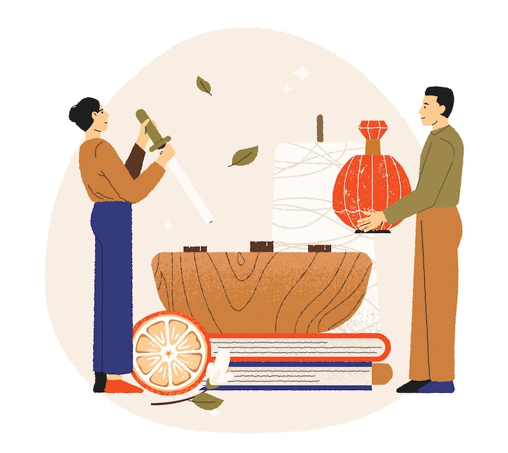 Vector two people perfumers preparing aromatherapy ritual with diffuser and oil bottle citrus and incense wellness scent therapy holistic care flat warm style vector illustration