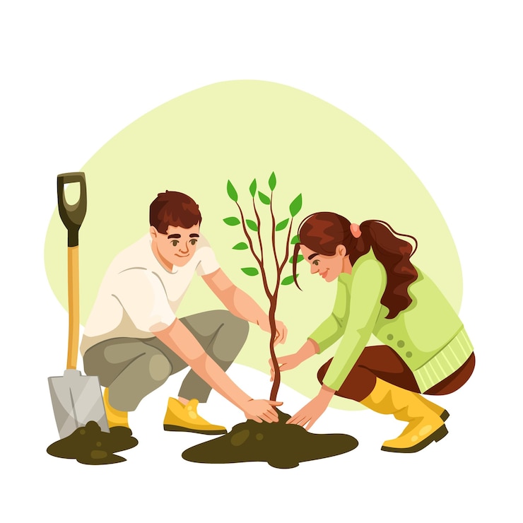 Vector two people planting a tree together with a shovel nearby on a white background concept of teamwork and environmental care vector illustration