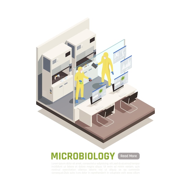 Vector two people in protective suits conducting experiments in microbiology laboratory banner