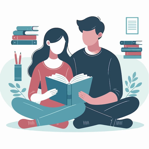 two people reading a book together in a flat design illustration