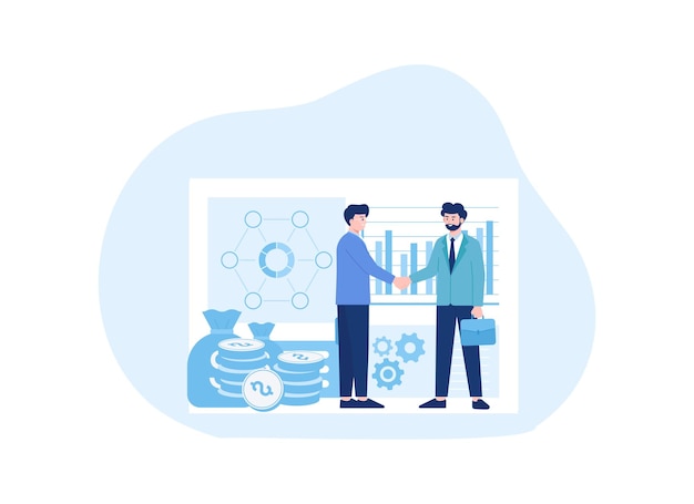 Two people shaking hands on a diagram background trending concept flat illustration
