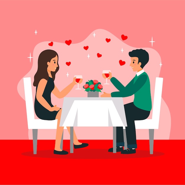 Vettore due persone sedute a tavola con fiori in ristorante celebrando.