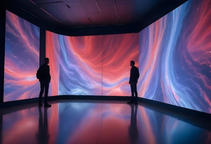 Vector two people stand in silhouette in front of a large screen displaying an abstract colorful image