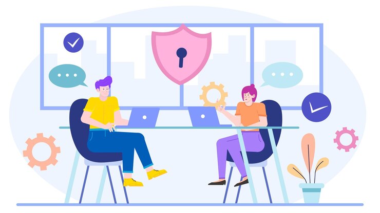 Vector two people in teams are monitoring and responding to cyber threat