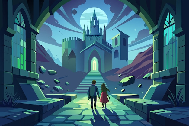Vettore due persone che camminano verso un castello su un sentiero attraverso una lussureggiante foresta stilizzata in uno stile illustrativo colorato