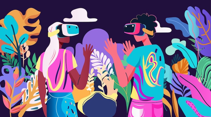 Vector two people wearing vr headsets in a vibrant tropical environment with colorful plants and abstract shapes