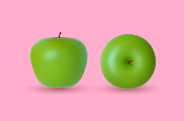 Two perfect fresh green apples Side and top view Vector illustration Realistic fruits isolated on a pink background