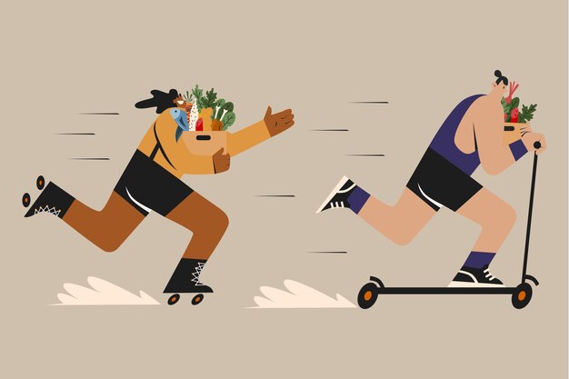 Vector two persons running while holding a groceries