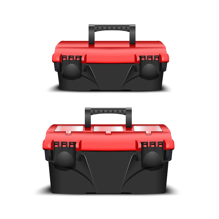 Vector two plastic black tool box, red cap. toolkit for builder or industrial store. realistic box for tools