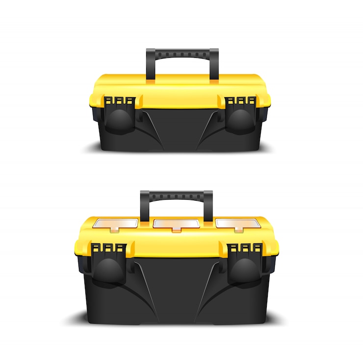 Vector two plastic black tool box, yellow cap. toolkit for builder or industrial store. realistic box for tools